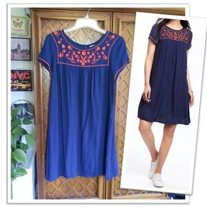 OLD NAVY Boho Chic Embroidered Babydoll Tunic Swing Dress - Navy/Red, Size S